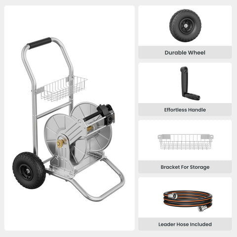Giraffe Tools hose reel cart with knobby tires provides freestanding stability