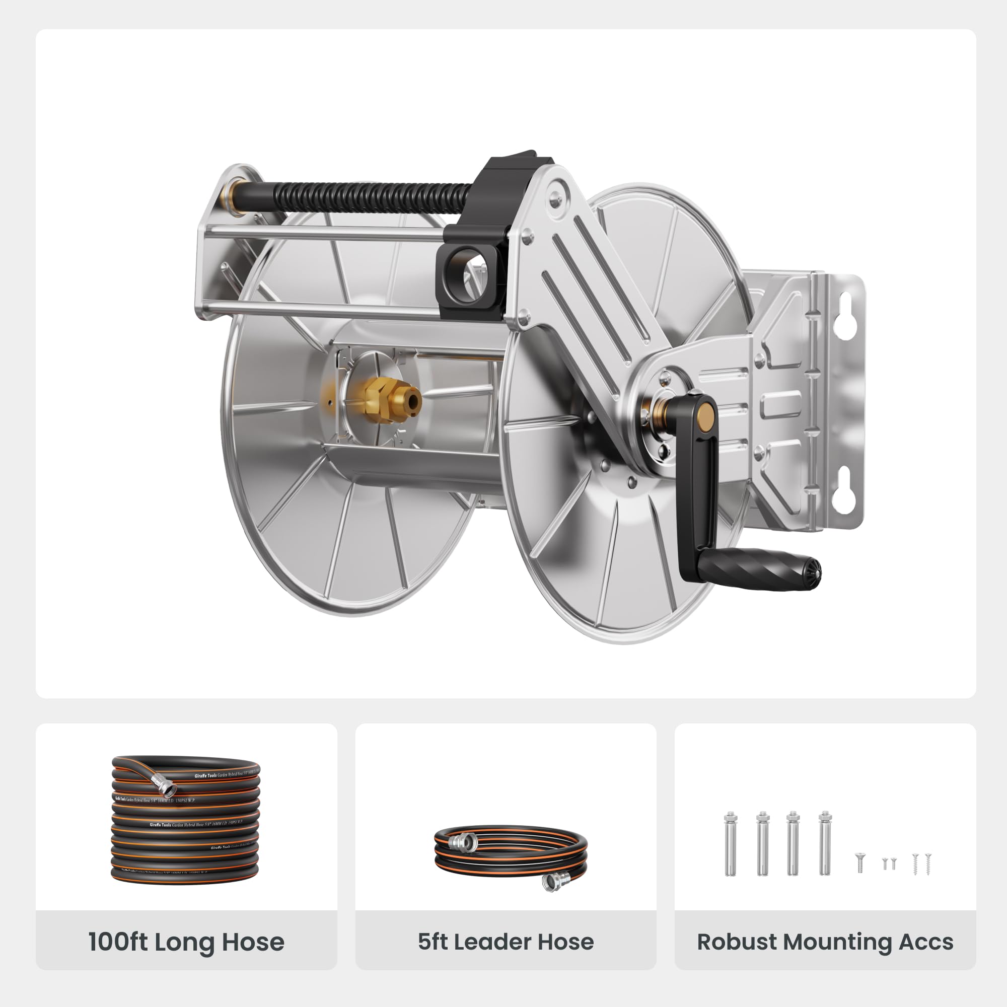 Giraffe Tools hose reel with crank handle allows smooth, even winding.