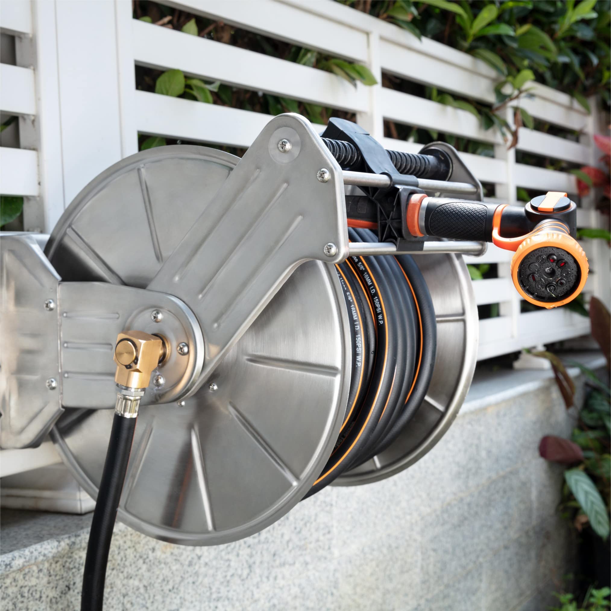 Giraffe Tools hose storage keeps your garden area tidy.