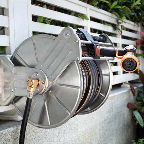 Giraffe Tools hose storage keeps your garden area tidy.
