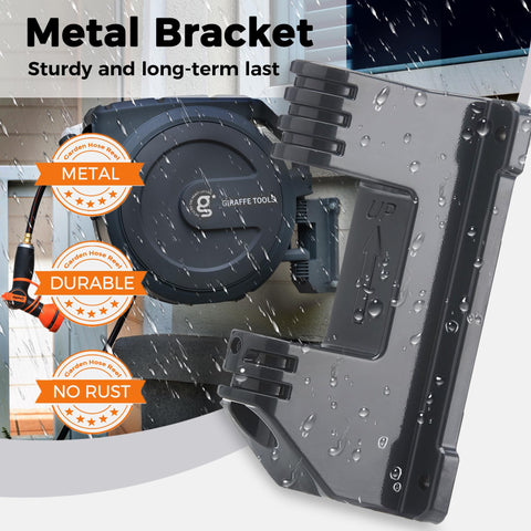 Giraffe Tools metal bracket wall mount provides durable, steady support for the reel.