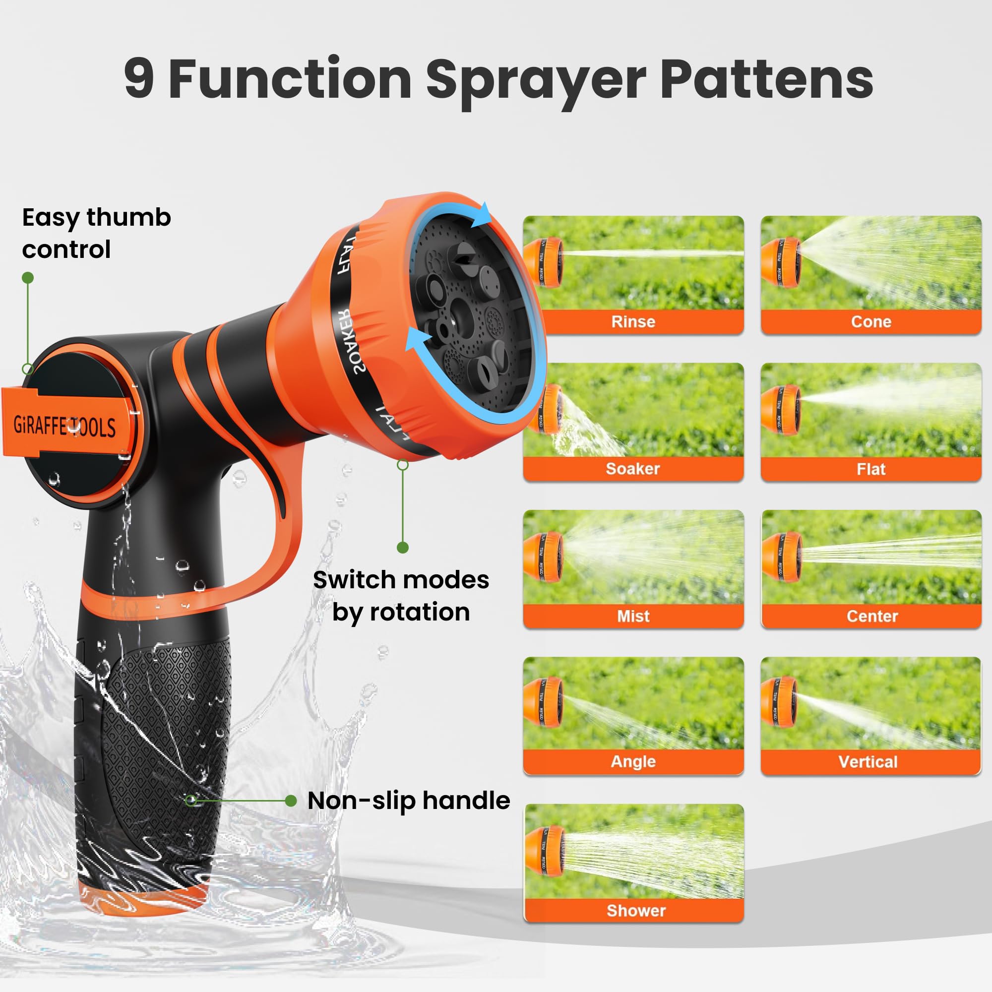 Giraffe Tools 9-pattern nozzle offering versatile spray options for watering and cleaning.