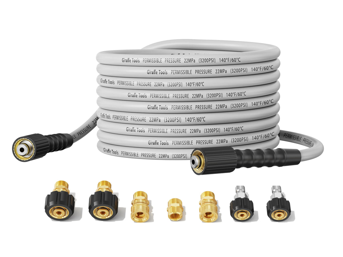 Giraffe Tools 50ft pressure washer hose ready for outdoor cleaning tasks