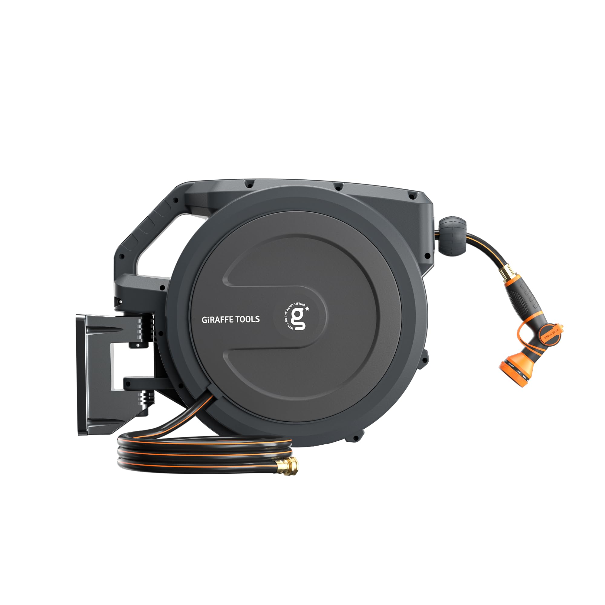 Giraffe Tools PRO reel with extended 78-foot hose for wide garden reach.
