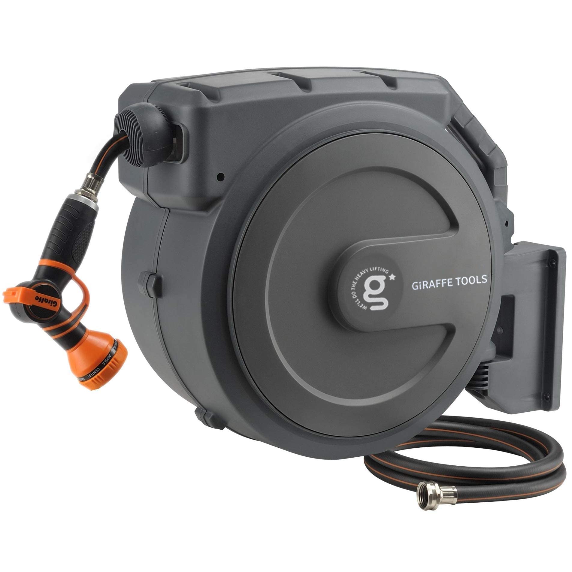 Giraffe Tools retractable garden hose reel mounted on wall for tidy watering