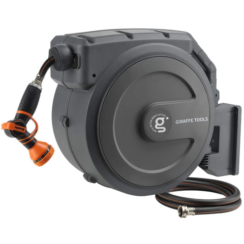 Giraffe Tools retractable garden hose reel mounted on wall for tidy watering