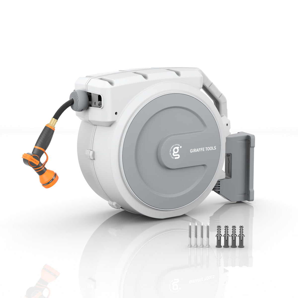 Giraffe Tools retractable garden hose reel on wall mount for quick watering access
