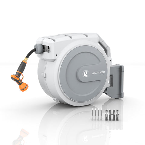 Giraffe Tools retractable garden hose reel on wall mount for quick watering access