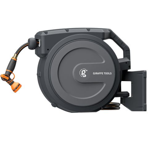 Giraffe Tools retractable hose reel with 100 ft reach and wall mount for tidy irrigation