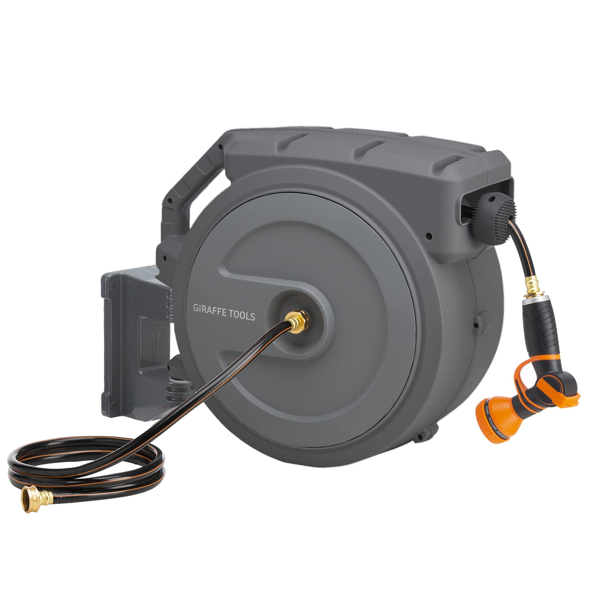 Giraffe Tools retractable hose reel mounted on wall with 130 ft PRO hose for easy garden watering.