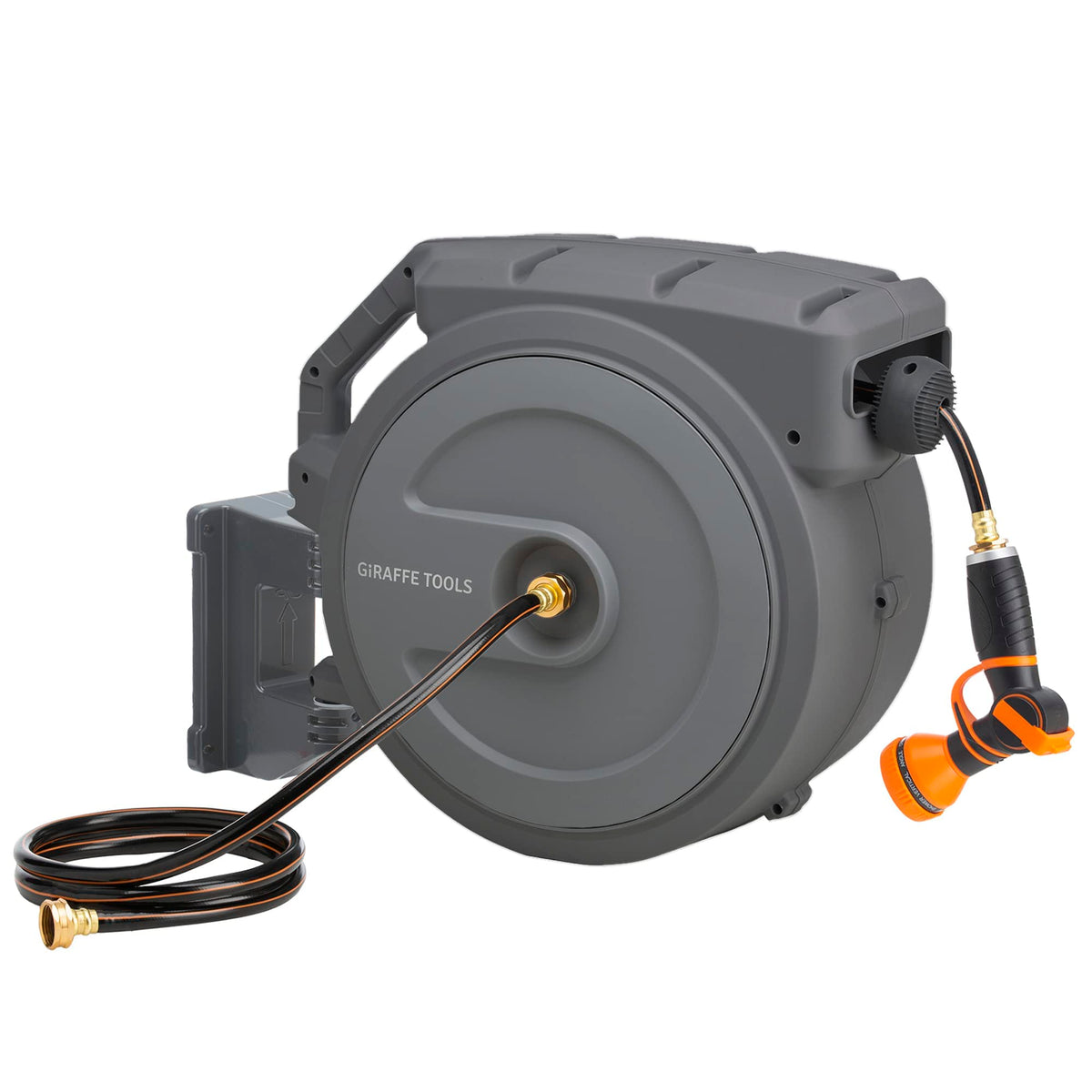 Giraffe Tools retractable hose reel mounted on wall with 130 ft PRO hose for easy garden watering.