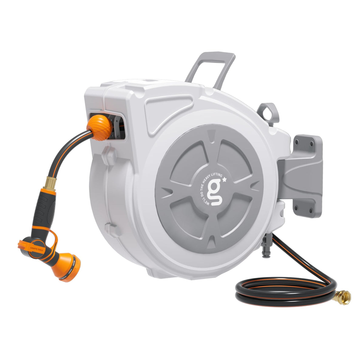 Giraffe Tools retractable hose reel with 65 ft hose ready for garden tasks