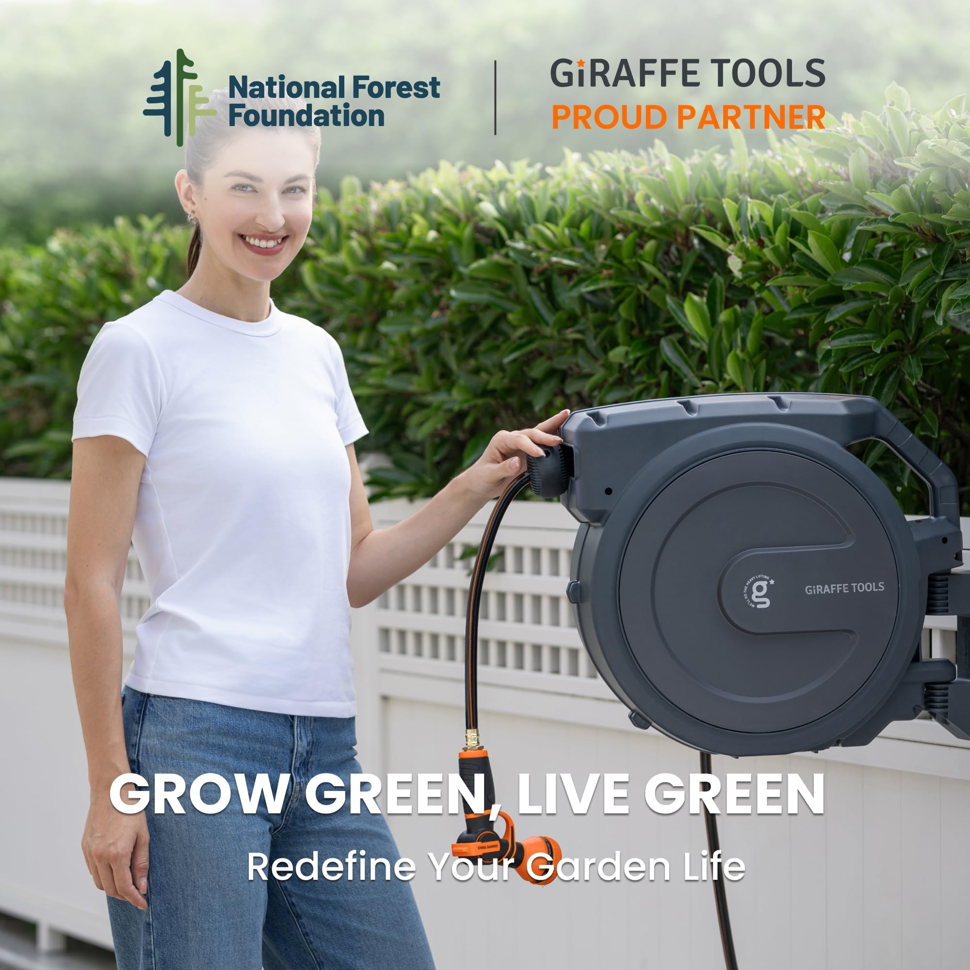Giraffe Tools retractable hose reel 85 ft hose supports versatile garden tasks efficiently.