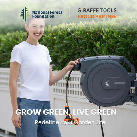 Giraffe Tools retractable hose reel 85 ft hose supports versatile garden tasks efficiently.