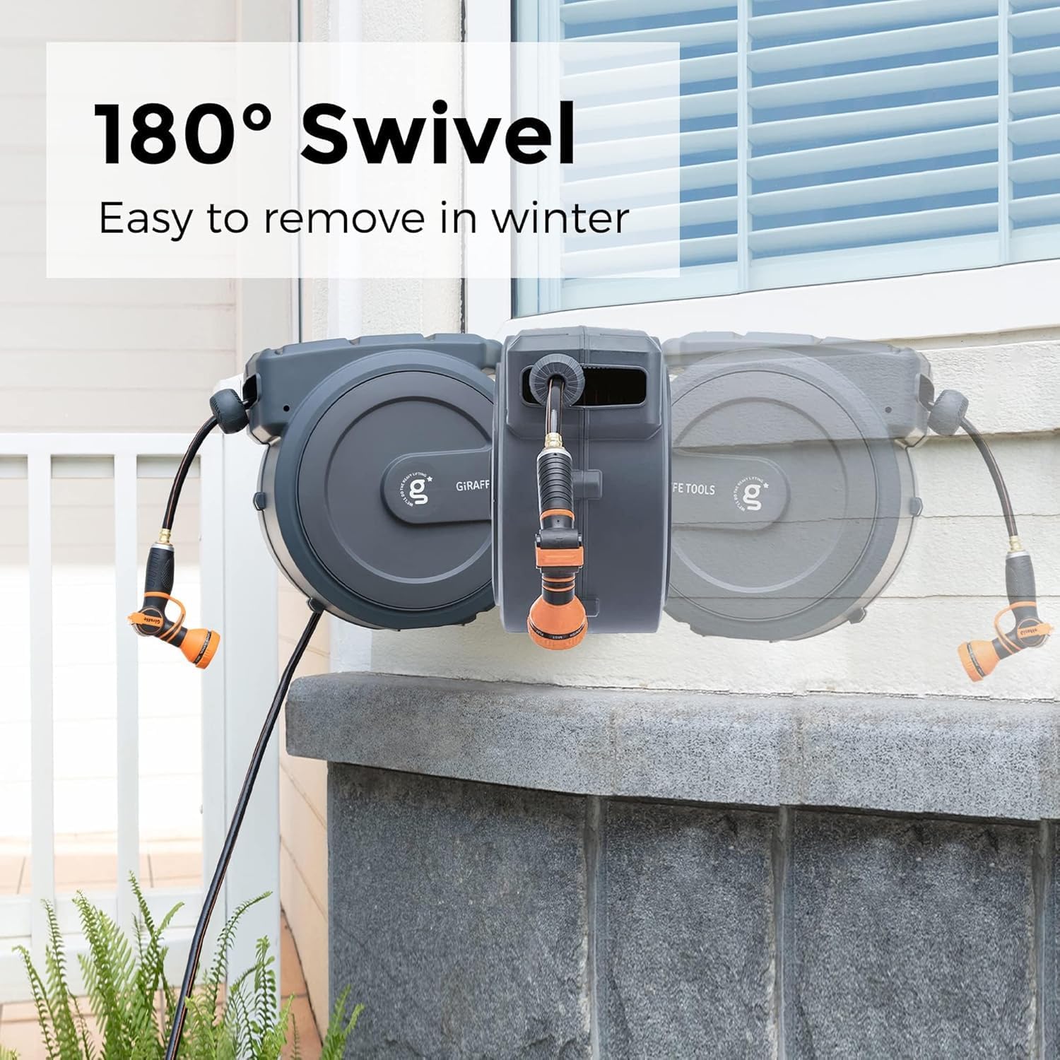 Giraffe Tools retractable hose reel any-length lock helps set perfect watering length.