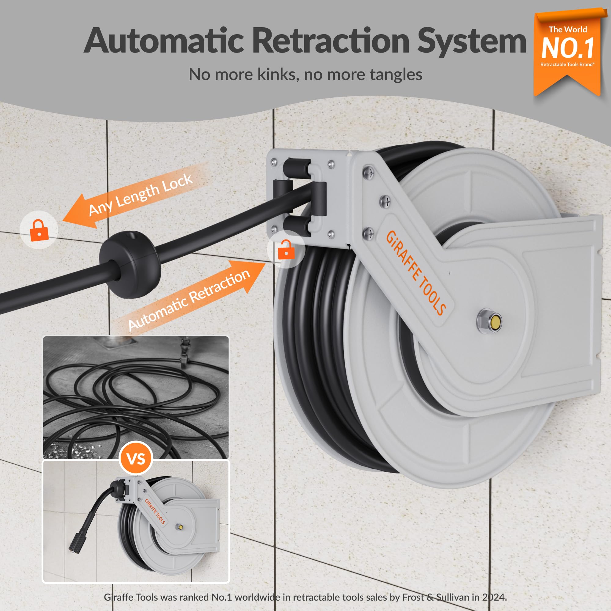 Giraffe Tools retractable hose reel reduces tangles during work