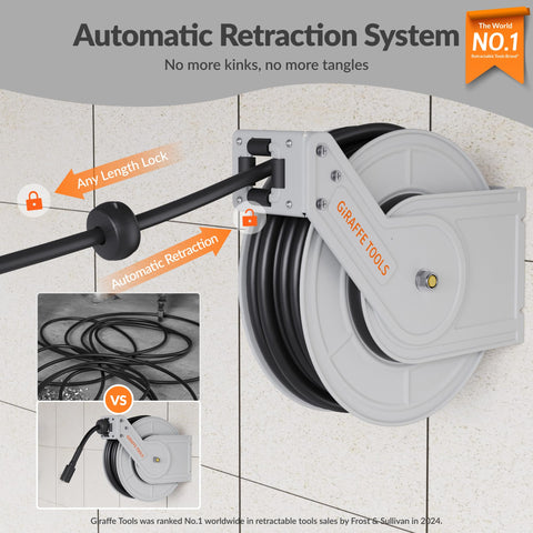 Giraffe Tools retractable hose reel reduces tangles during work