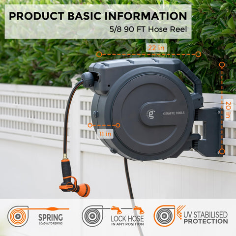 Giraffe Tools retractable hose reel auto-rewind keeps hose neatly stored after use.