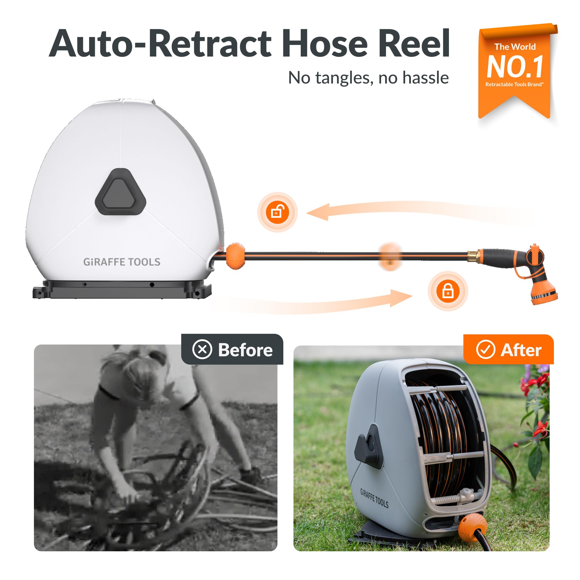 Giraffe Tools hose reel in use with 130 ft reach for wide coverage.