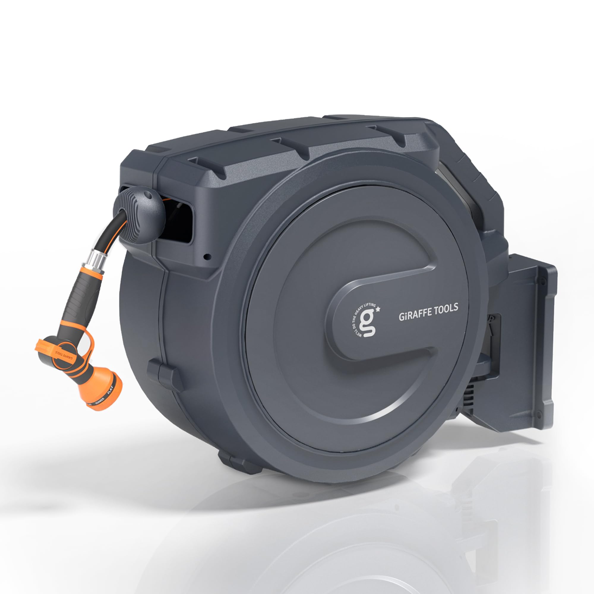 Giraffe Tools retractable hose reel with wall mount and 180-degree bracket for easy garden access