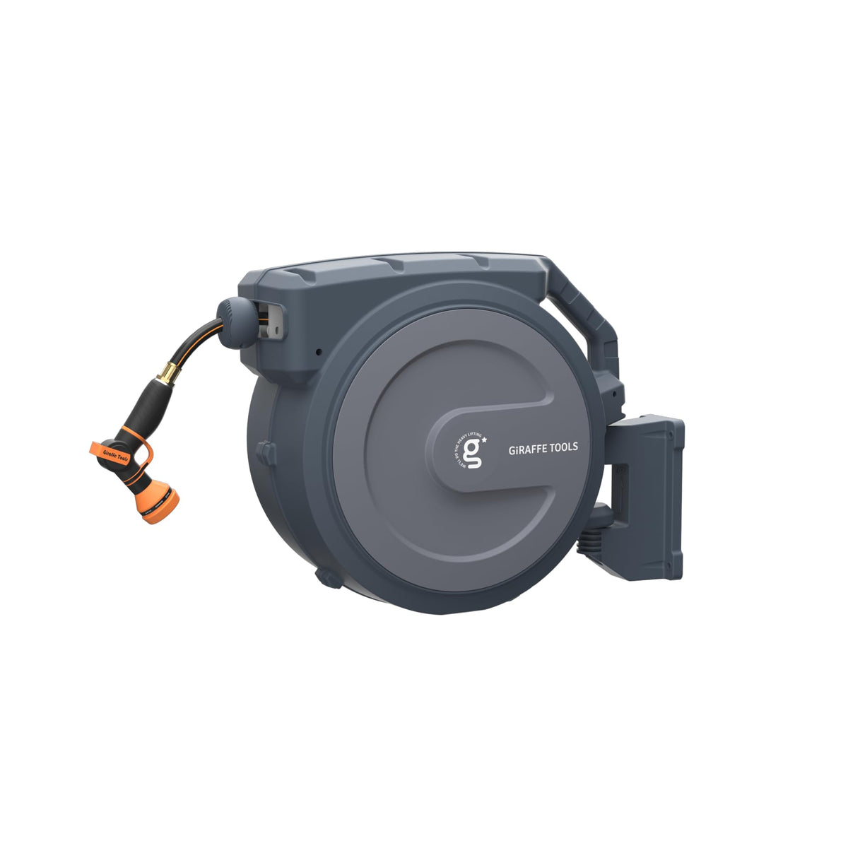 Giraffe Tools retractable hose reel on wall mount with 180° swivel for easy reach