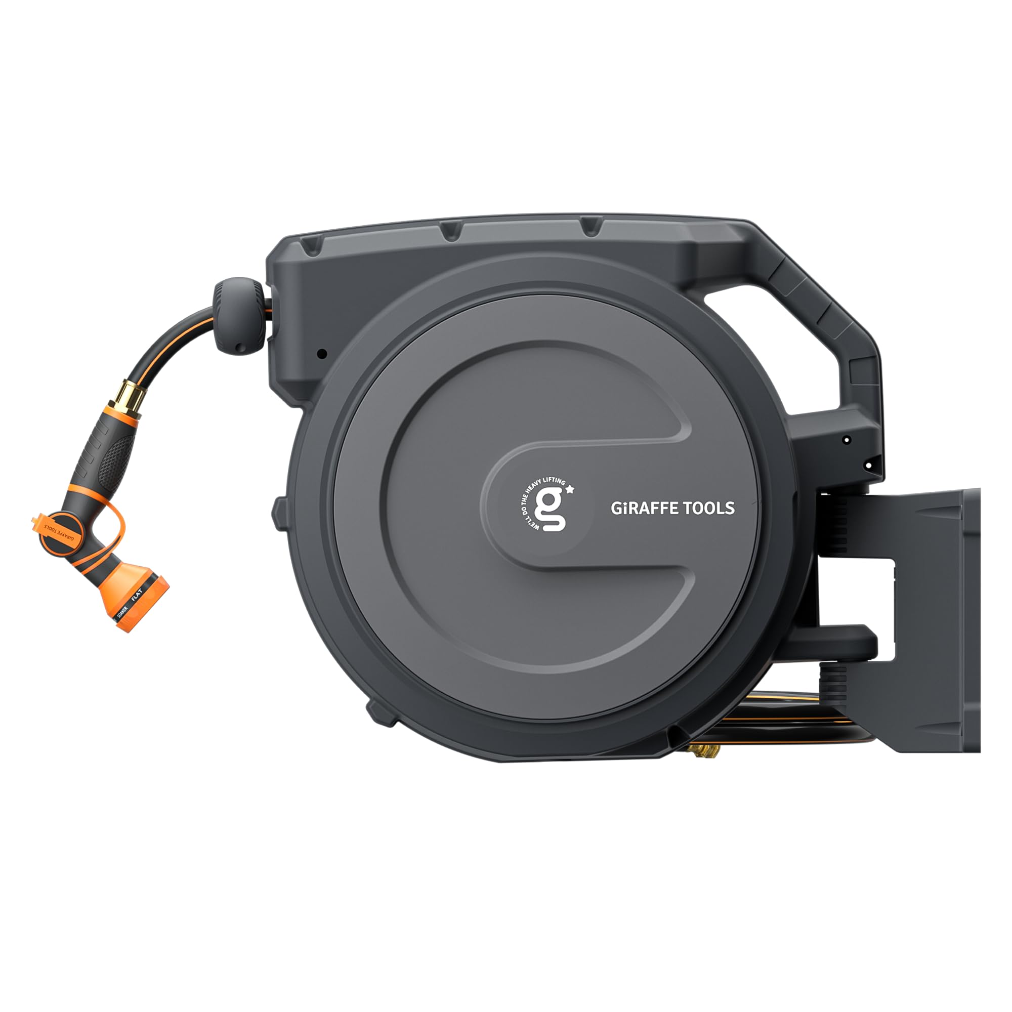Giraffe Tools retractable hose reel wall mount for neat garden watering and easy access.