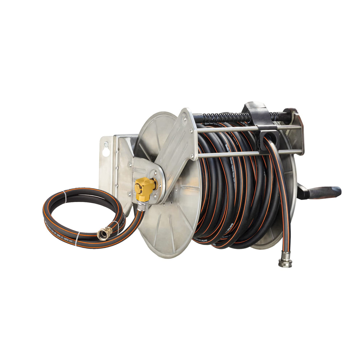 Giraffe Tools stainless steel garden hose reel wall-mounted for easy access and tidy yard storage.