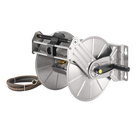 Giraffe Tools stainless steel hose reel on wall mount keeps hoses tidy and accessible