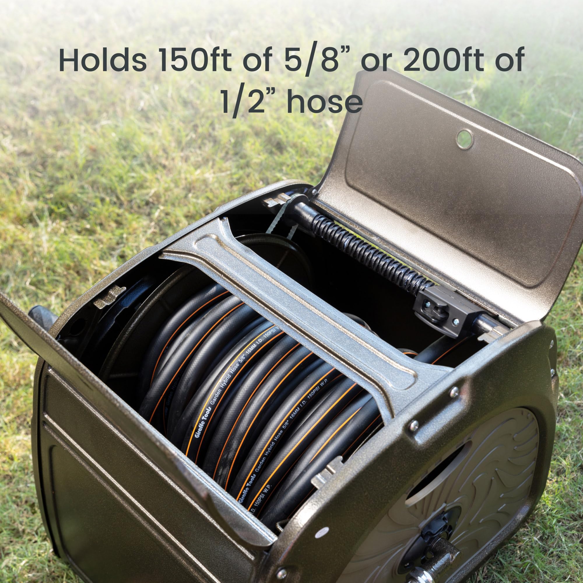 Giraffe Tools SW5 hose reel box open lid reveals spacious interior for easy hose organization.