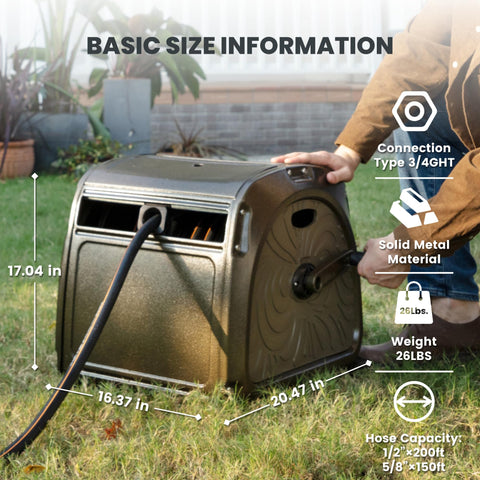Giraffe Tools SW5 hose reel box side view demonstrates compact storage.