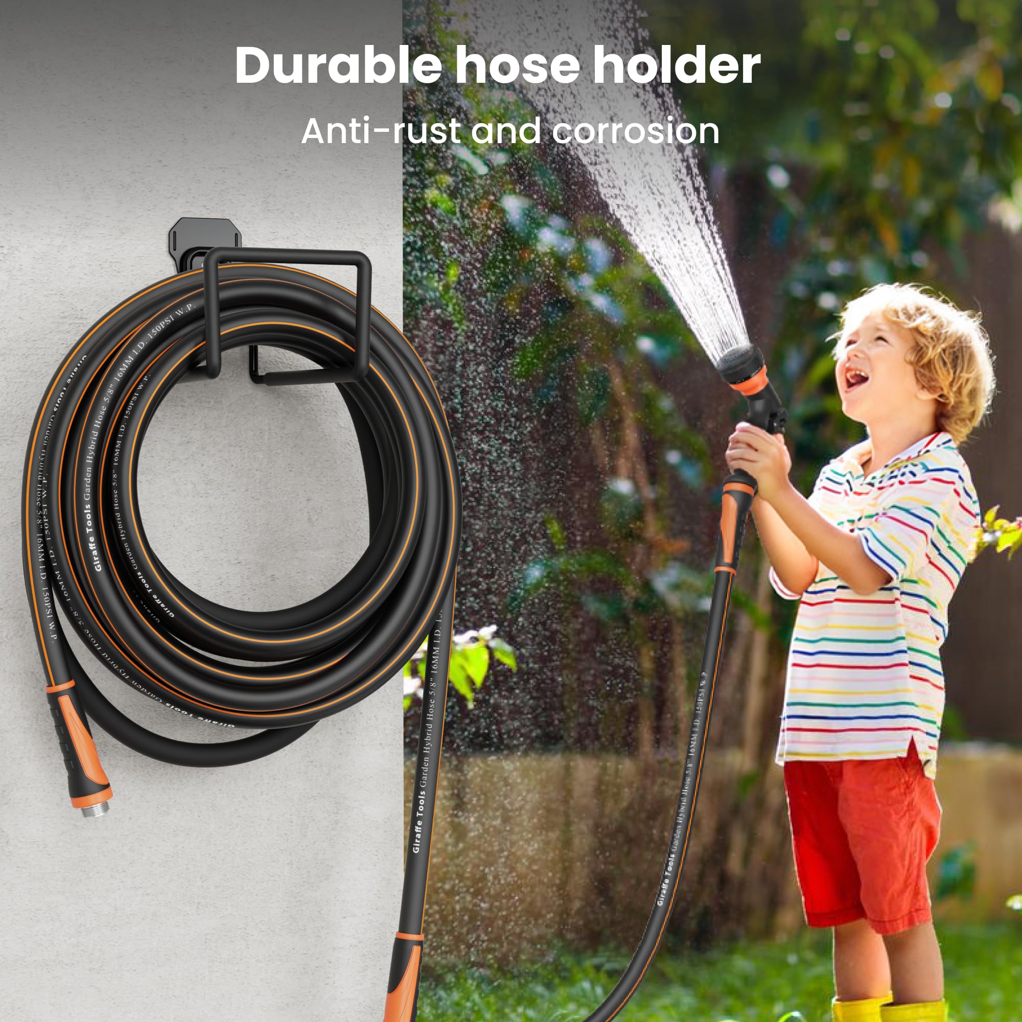 Giraffe Tools swivel hose shown reducing tangles during yard work.