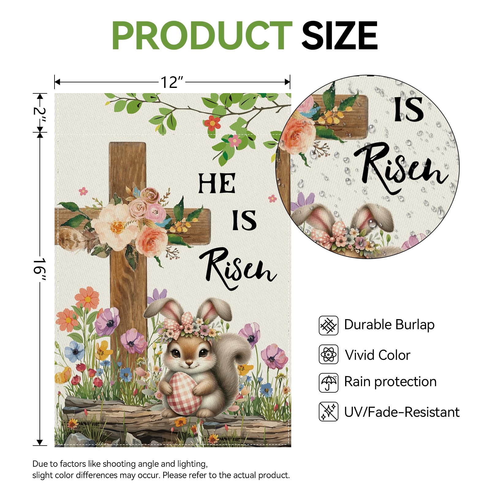Girlly Easter flowers and cross close-up showcases two-layer burlap durability.
