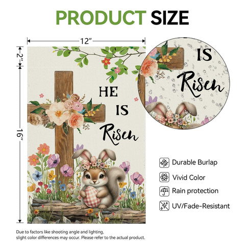 Girlly Easter flowers and cross close-up showcases two-layer burlap durability.