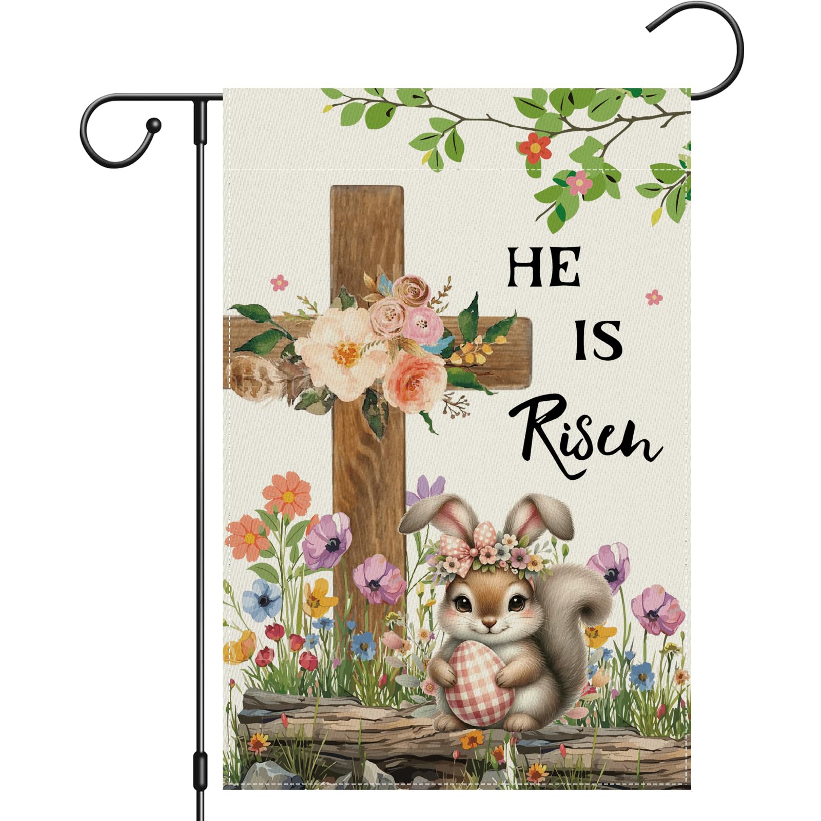 Girlly He Is Risen Easter flag front view shows vibrant double-sided print for welcoming guests.