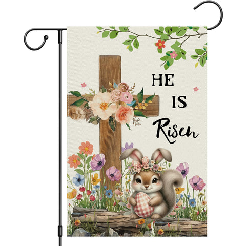 Girlly He Is Risen Easter flag front view shows vibrant double-sided print for welcoming guests.
