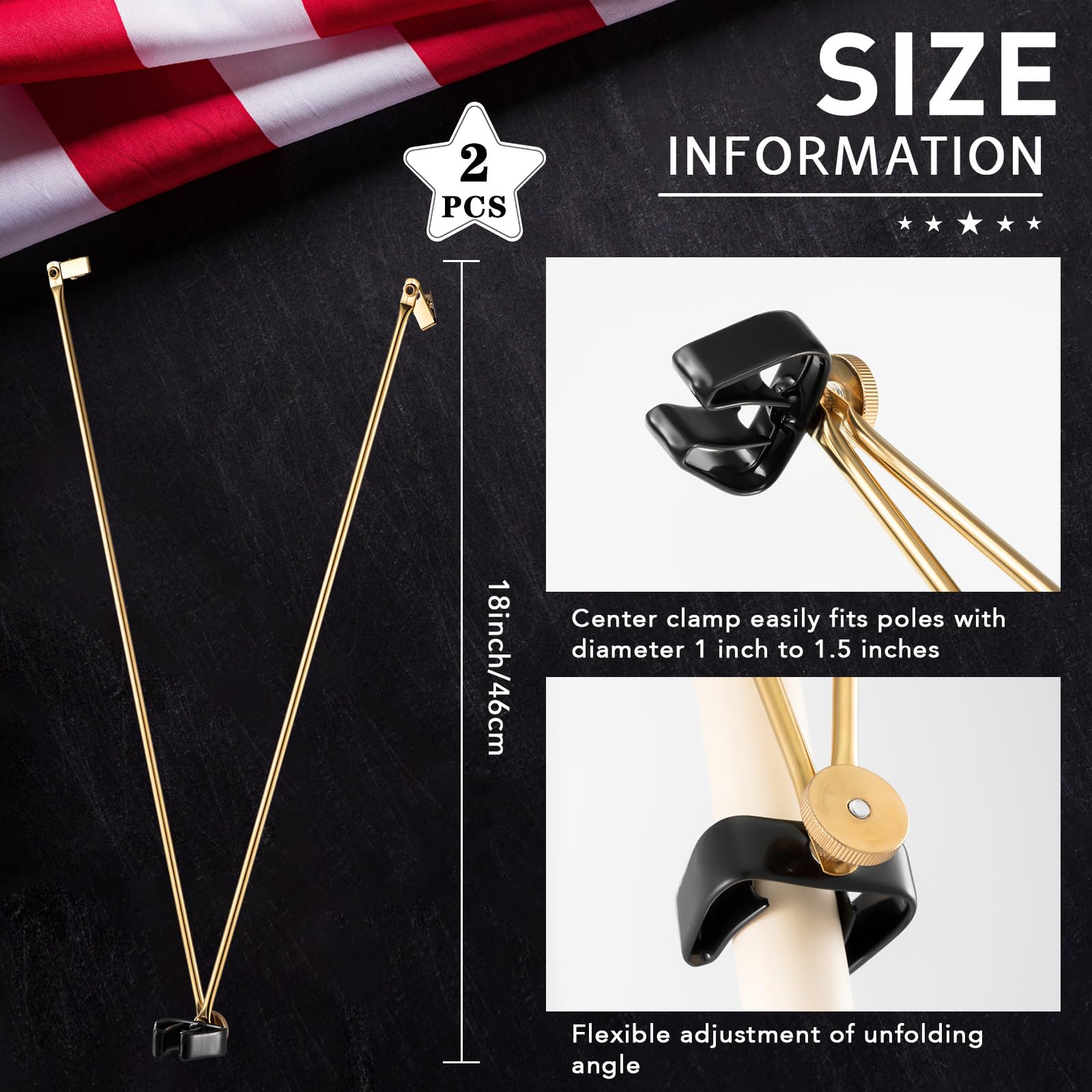 Gisafai gold flag spreader arm length shows flags fully open and eye-catching.