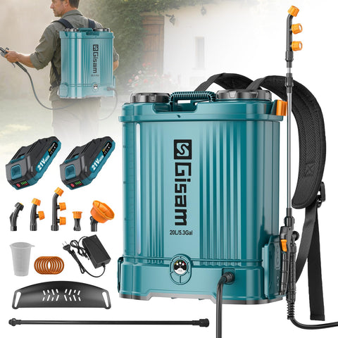 Gisam 5.3Gal backpack sprayer tank view shows clear markings for easy refills.