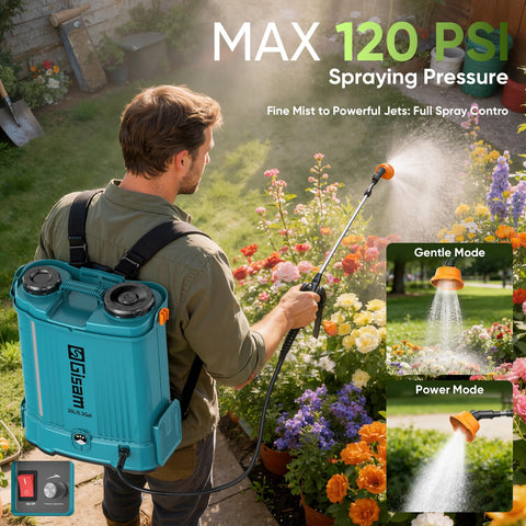 Gisam backpack sprayer with dual batteries for uninterrupted use.