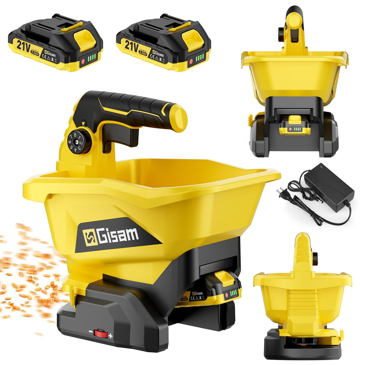 Gisam Handheld Spreader cap and battery power the unit for reliable yard use.