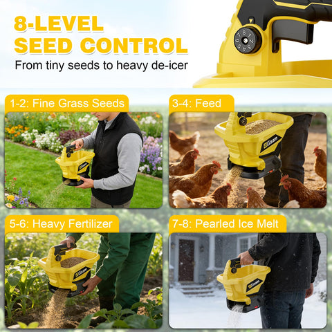 Gisam Handheld Spreader eight-settings dial enables precise application across lawn zones.