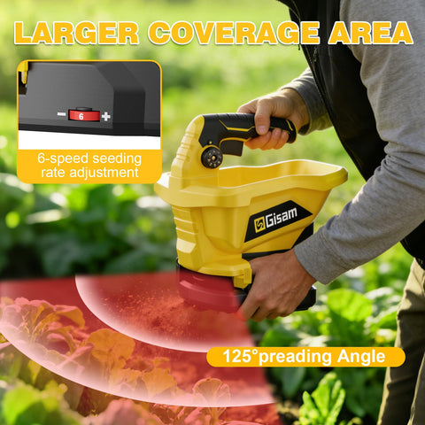 Gisam Handheld Spreader rotary dispersion promotes even seed and fertilizer spread.
