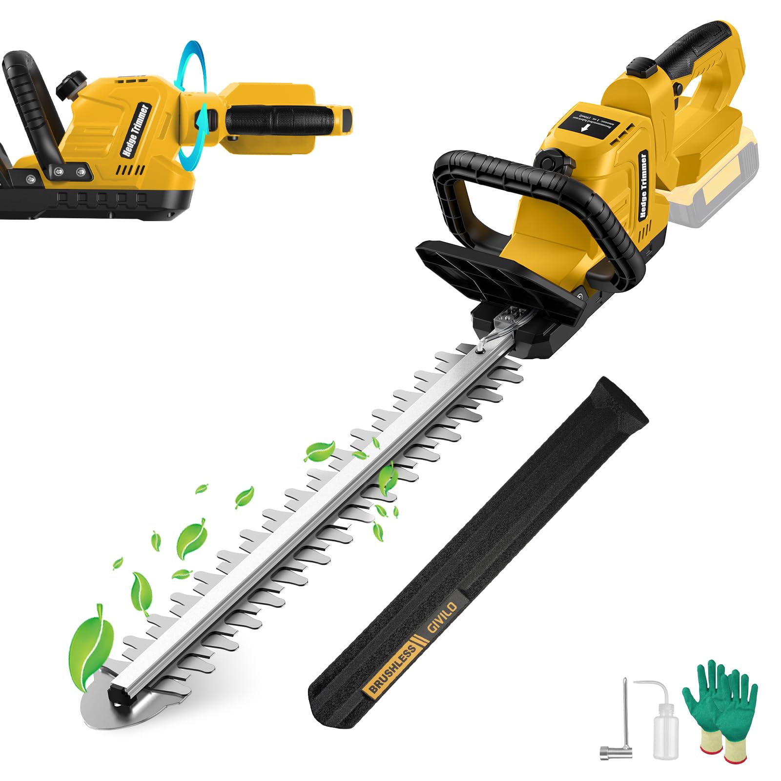 Givilo hedge trimmer demonstrates DEWALT 20V MAX battery compatibility for cordless flexibility.
