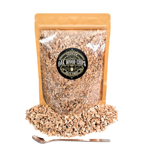 G & J's Finest oak chips in a bag with spoon for smoking