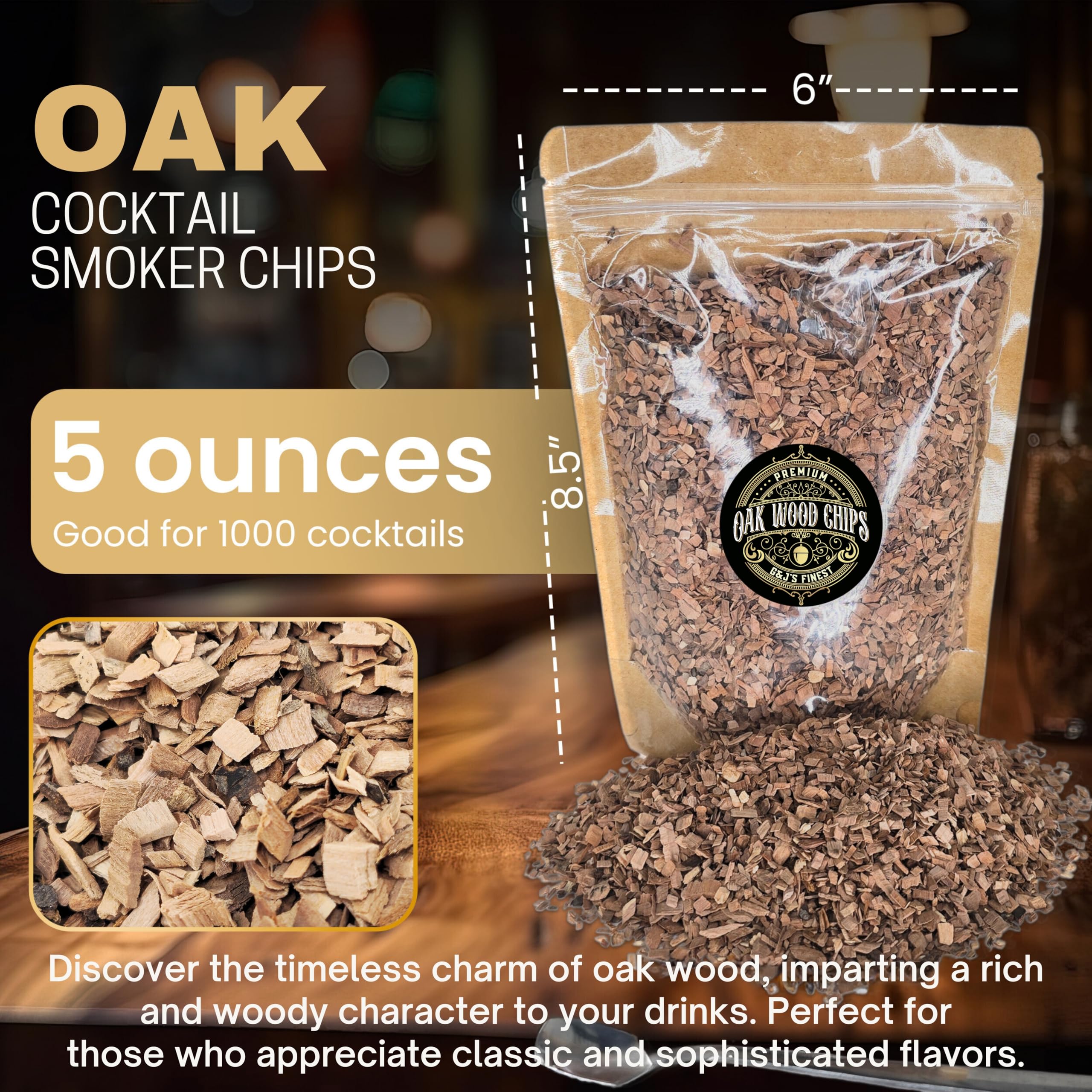 G & J's Finest oak chips beside a cocktail smoker setup