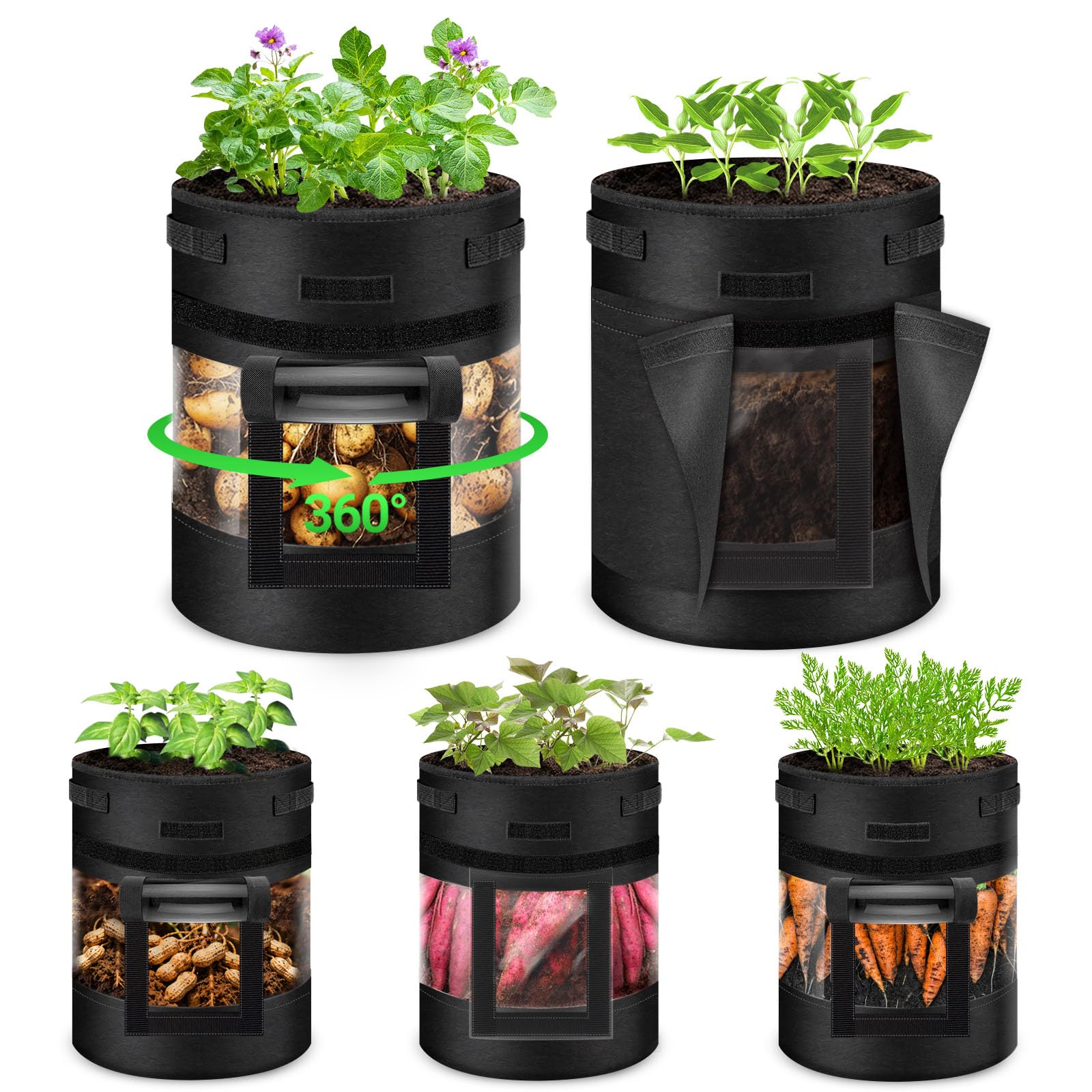 GJL 5-Pack potato grow bags with 360° view window for easy monitoring