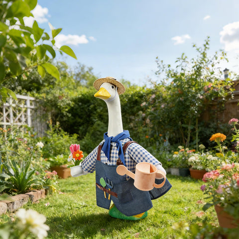 GJL Gardener porch goose outfit scarf adds seasonal charm to outdoor decor