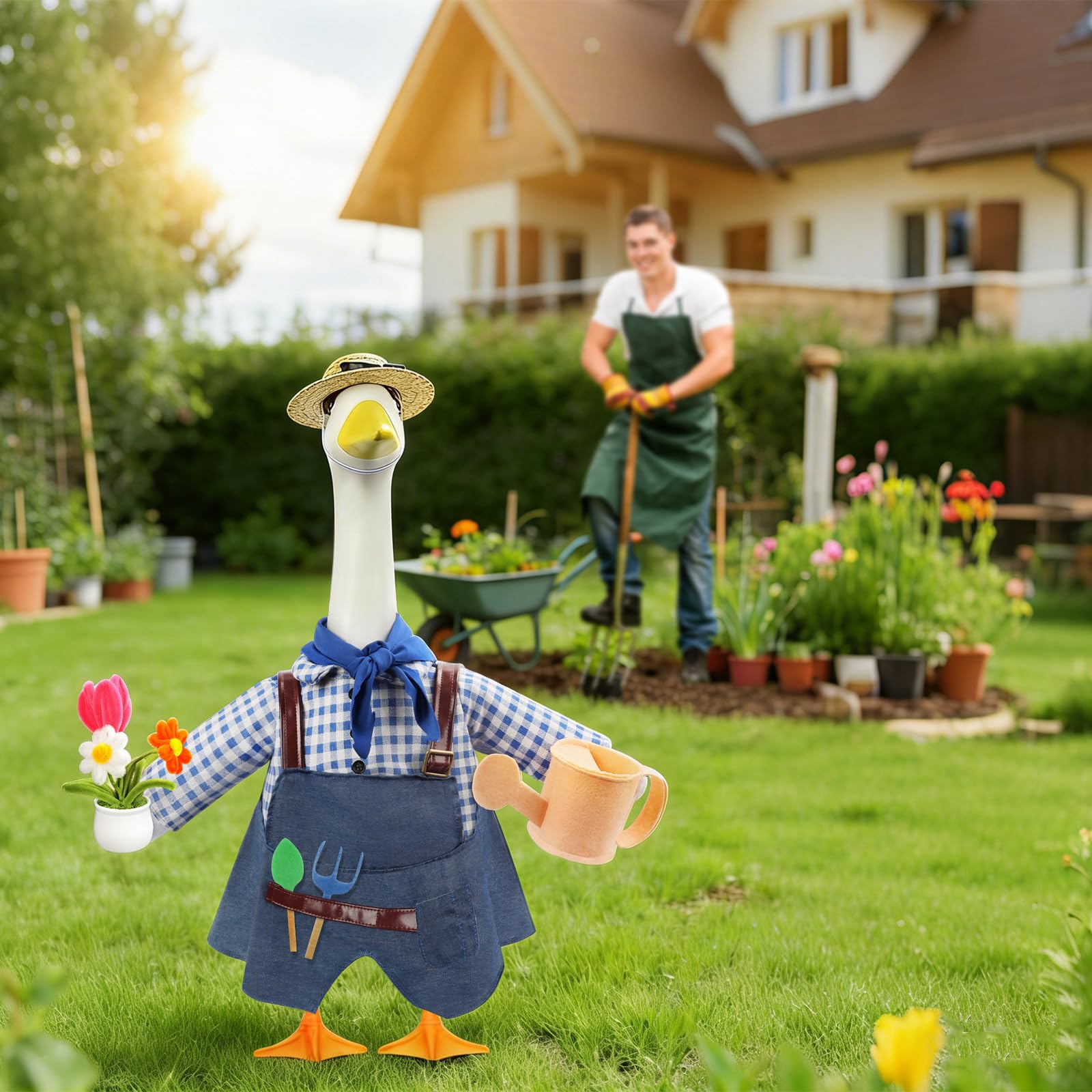 GJL Gardener porch goose watering can enhances a realistic garden display