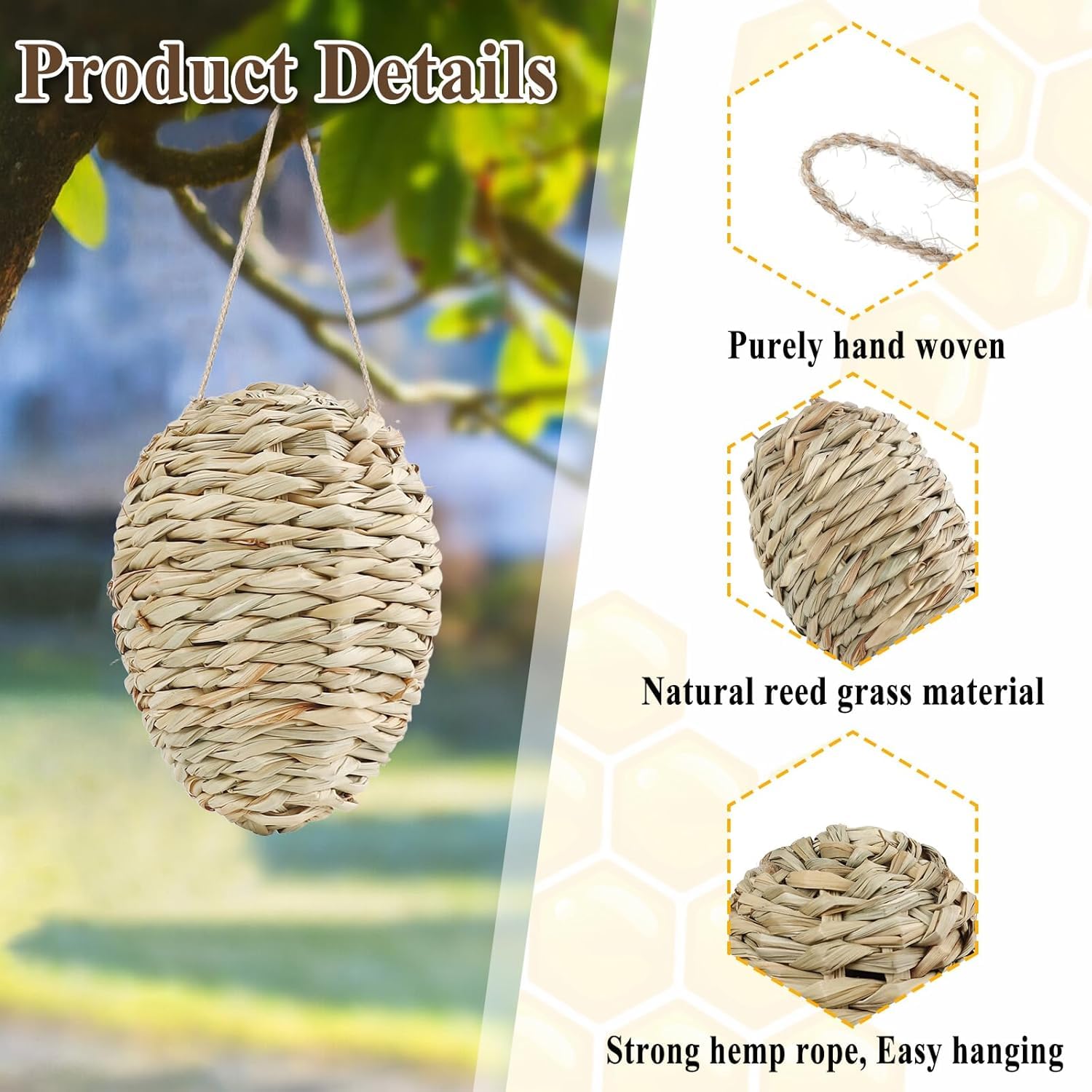 GJL Natural reed hanging nest blends with garden aesthetics.