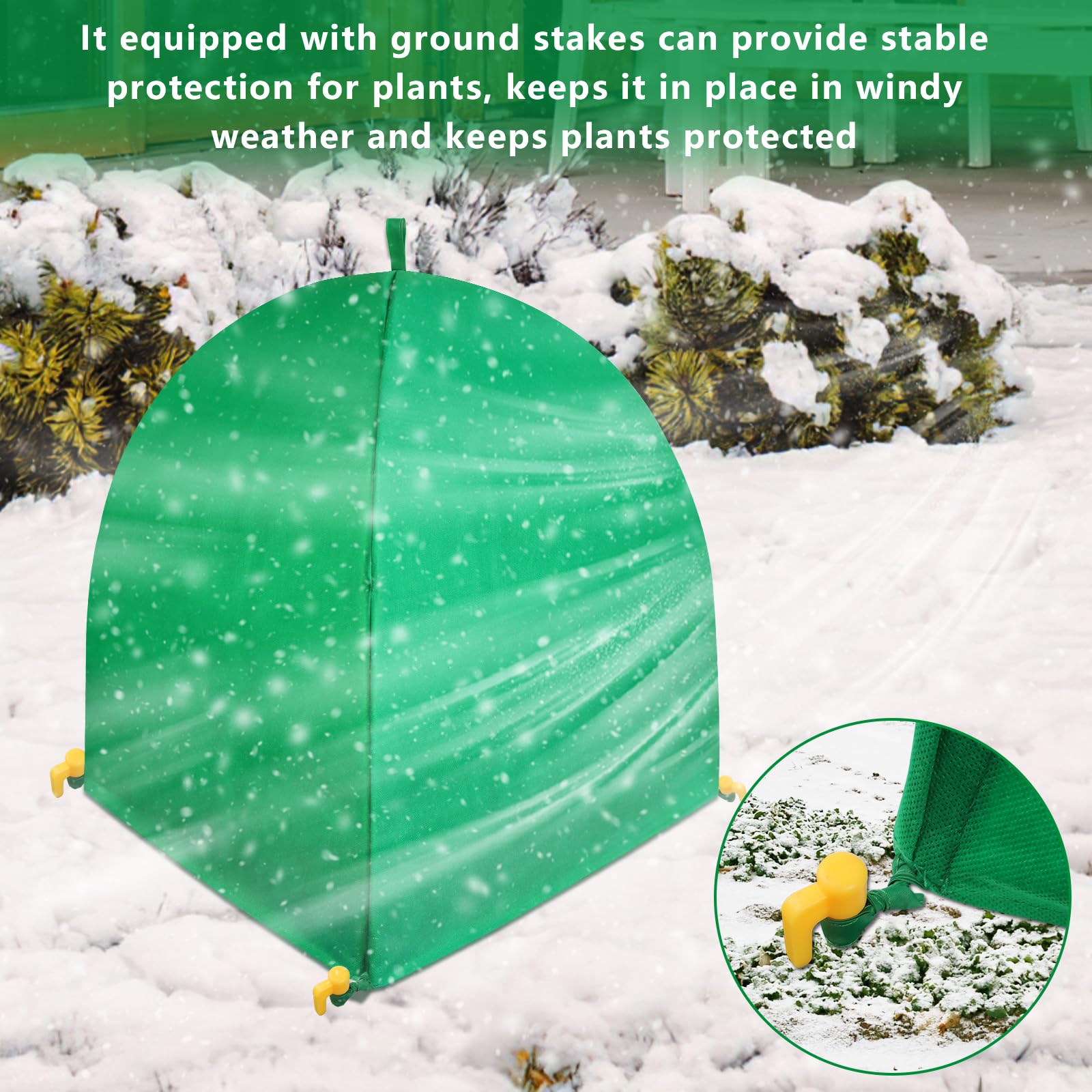 GJL winter plant cover on potted plants suggests frost and pest defense.