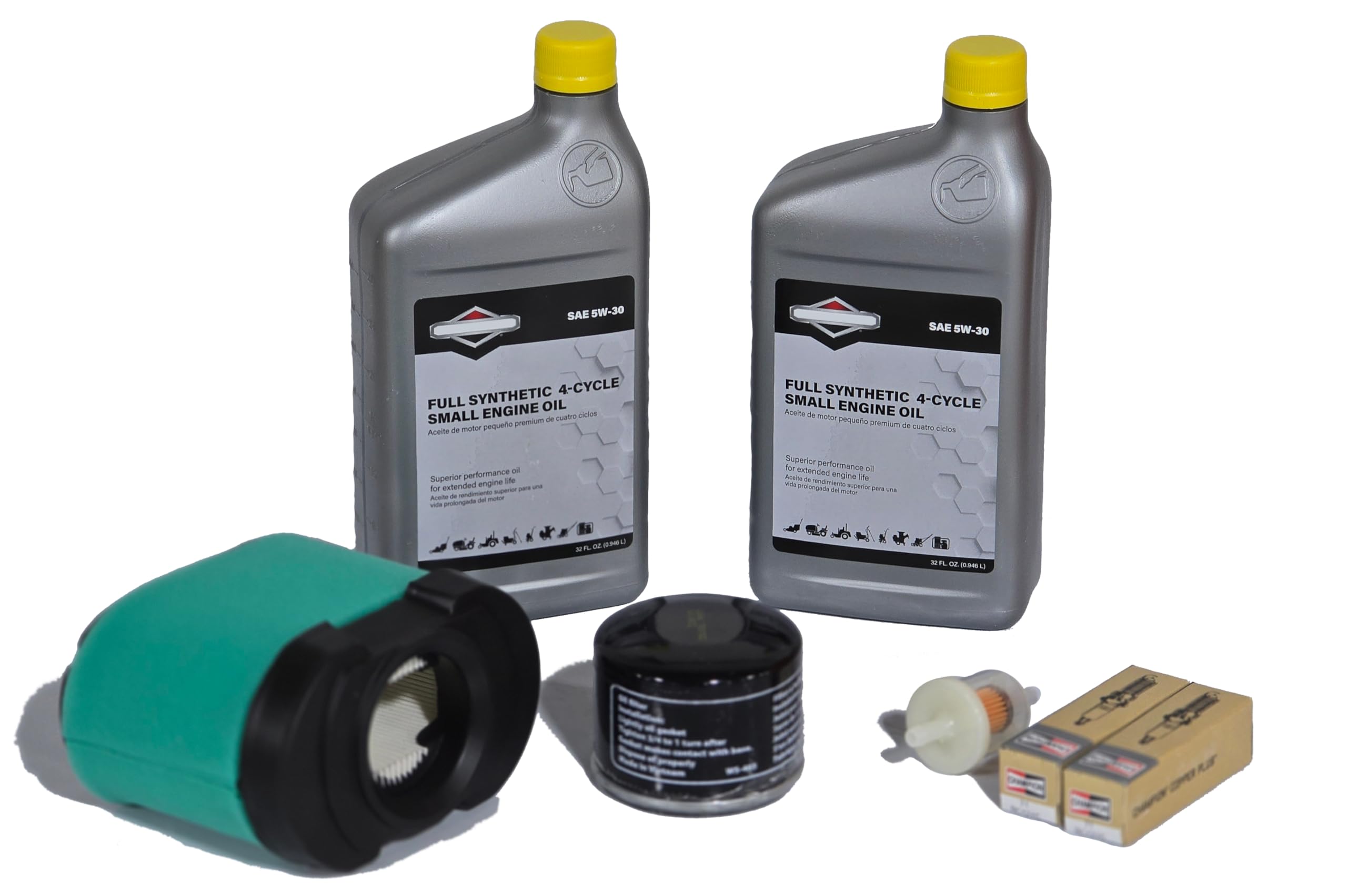 GL Tuneup Kit components laid out for Briggs V-Twin maintenance, including filters and spark plugs.